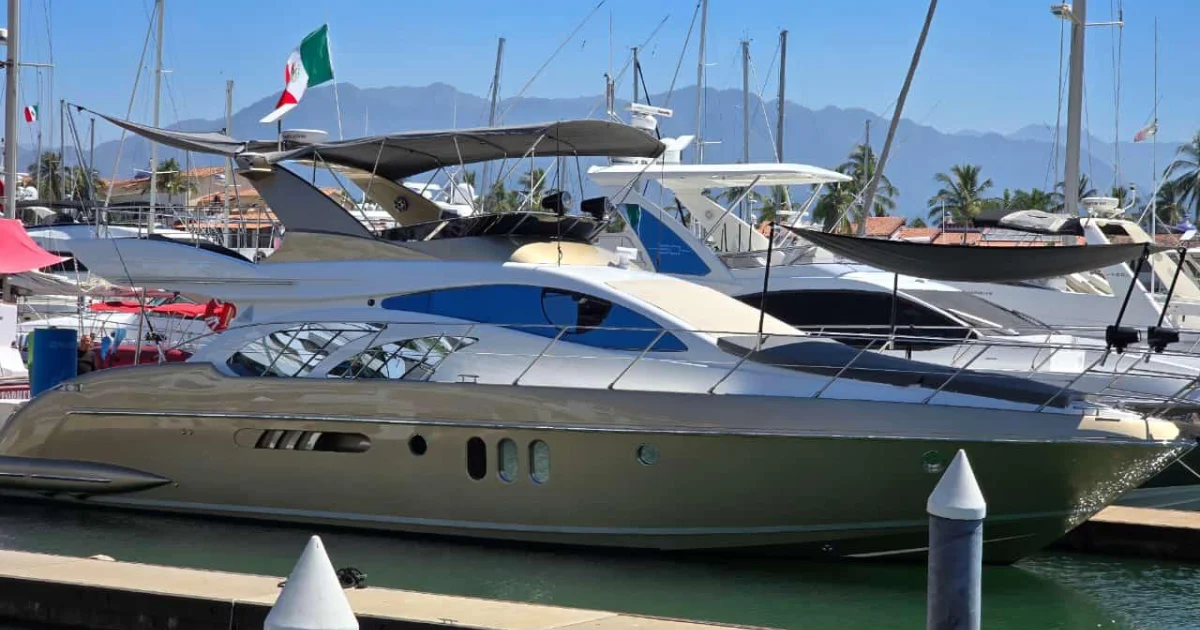 An Azimut 62 motor yacht in its slip at Marina Vallarta, the largest charter fleet on the bay