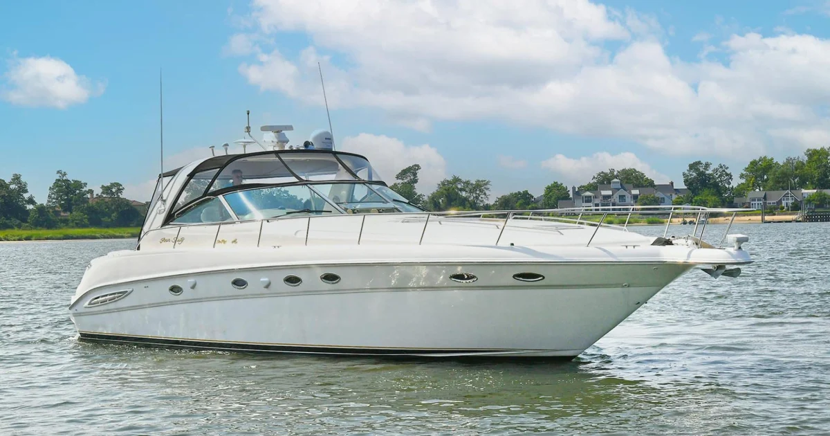 The bow of a Sea Ray 46 motor yacht at Marina Vallarta, a mid-size cruiser for up to 14 guests