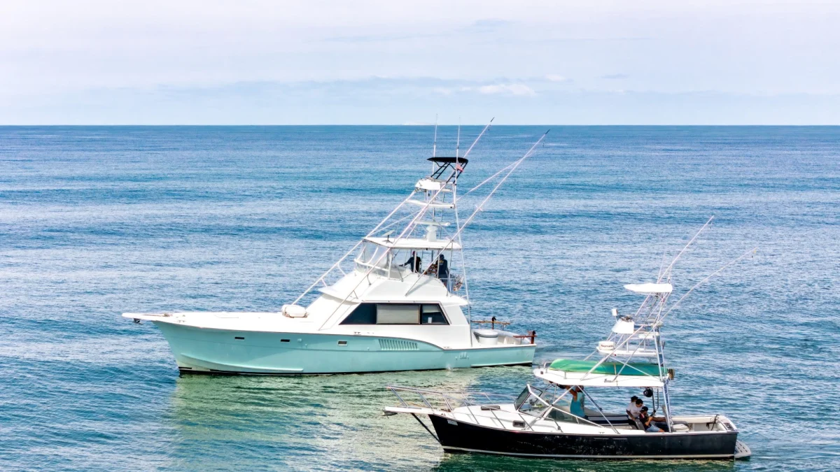 The Ol' Salty's Ranch fleet on the water off Nuevo Vallarta, seen from a drone