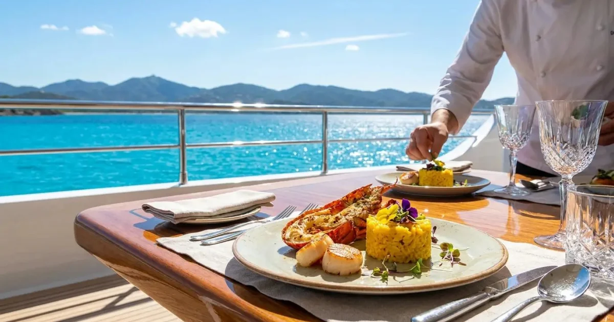 Grilled lobster and citrus rice plated by a private chef on the deck of a yacht in Banderas Bay